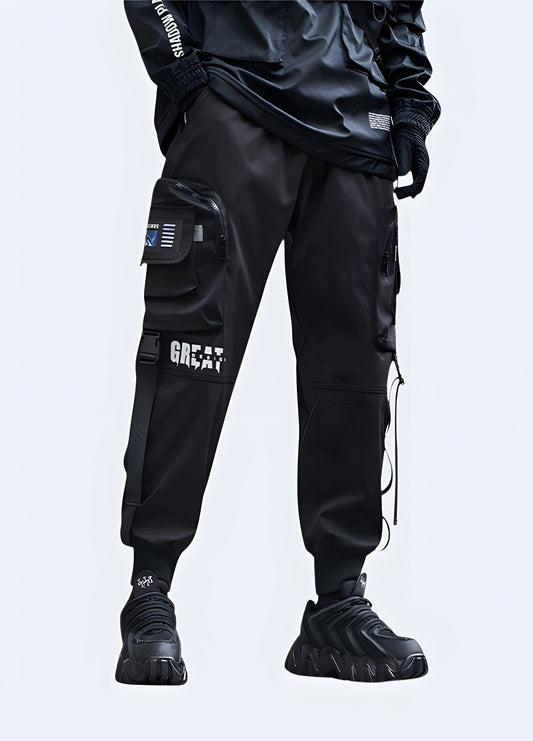 Sleek black techwear cargo trousers with concealed cargo pockets.