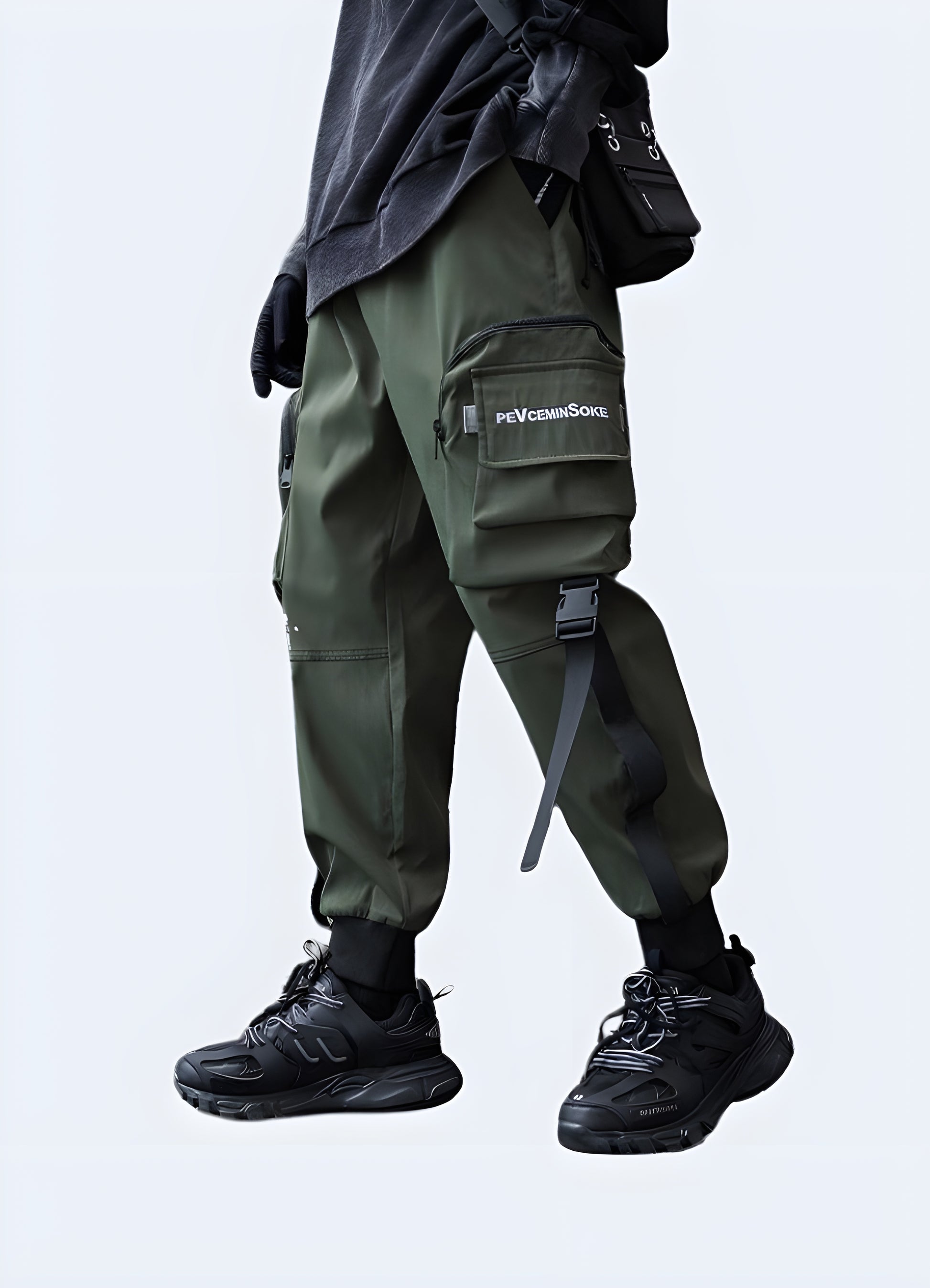 Men wearing army green cargo trousers side view.