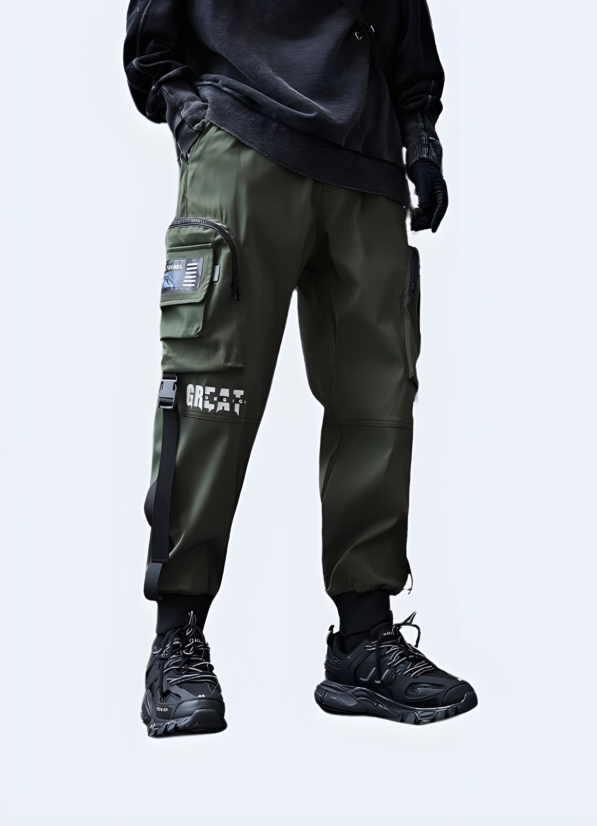 Men wearing army green cargo trousers right side view.