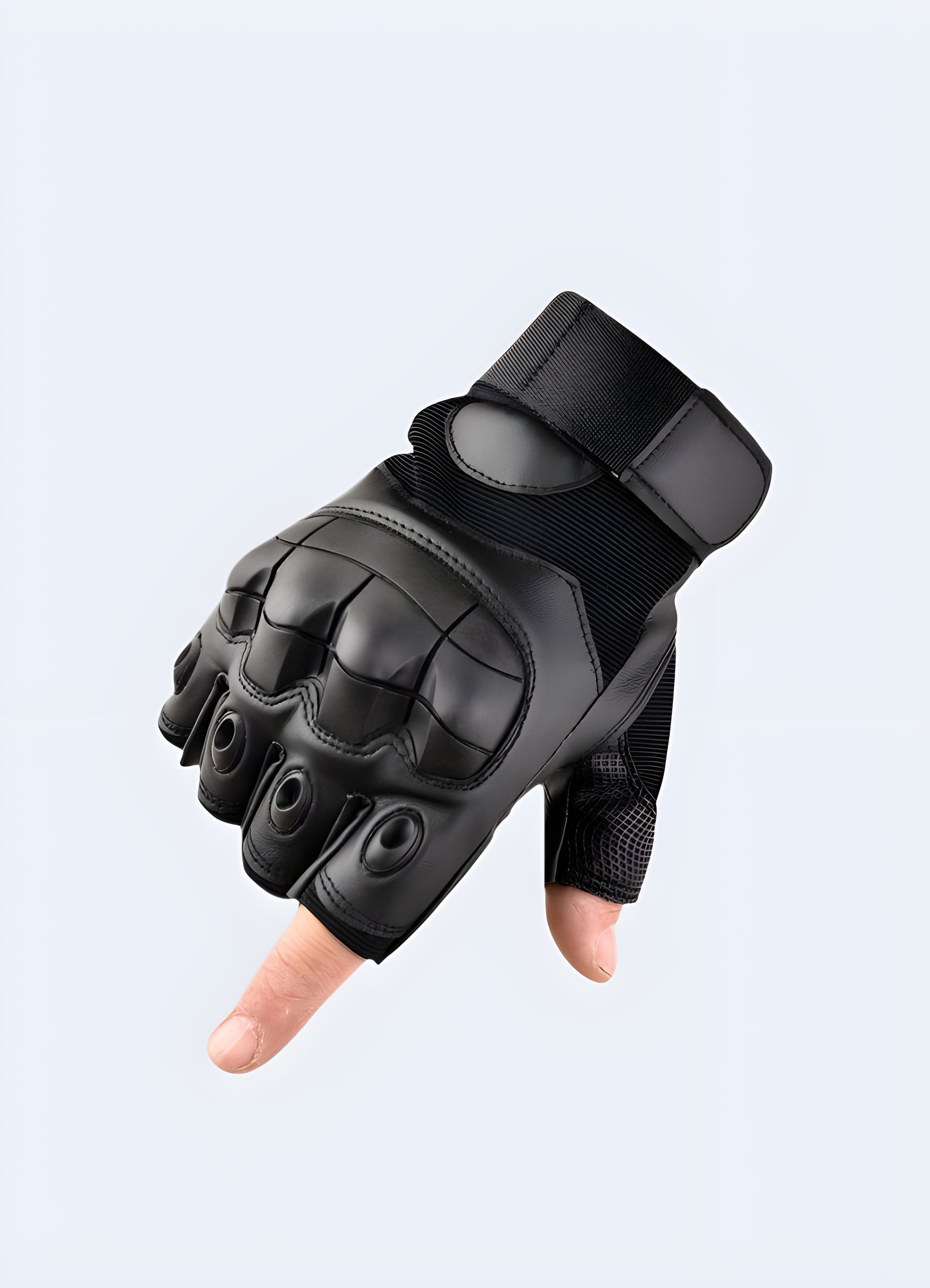 Men wearing techwear fingerless gloves black front view.
