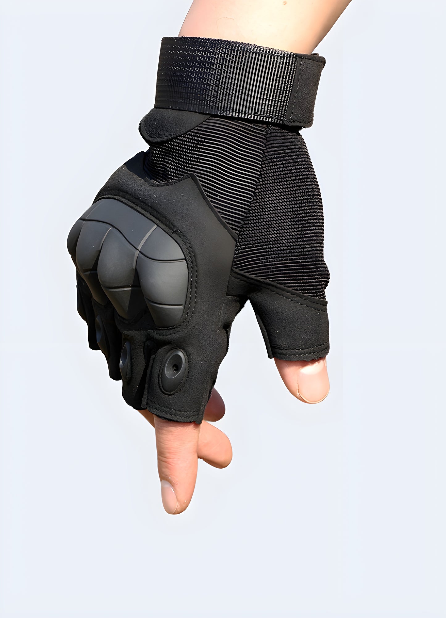 Men wearing techwear fingerless gloves black side view.