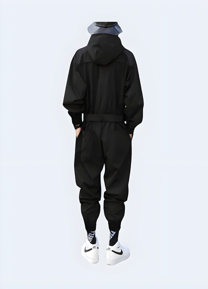 Sleek one-piece techwear jumpsuit.