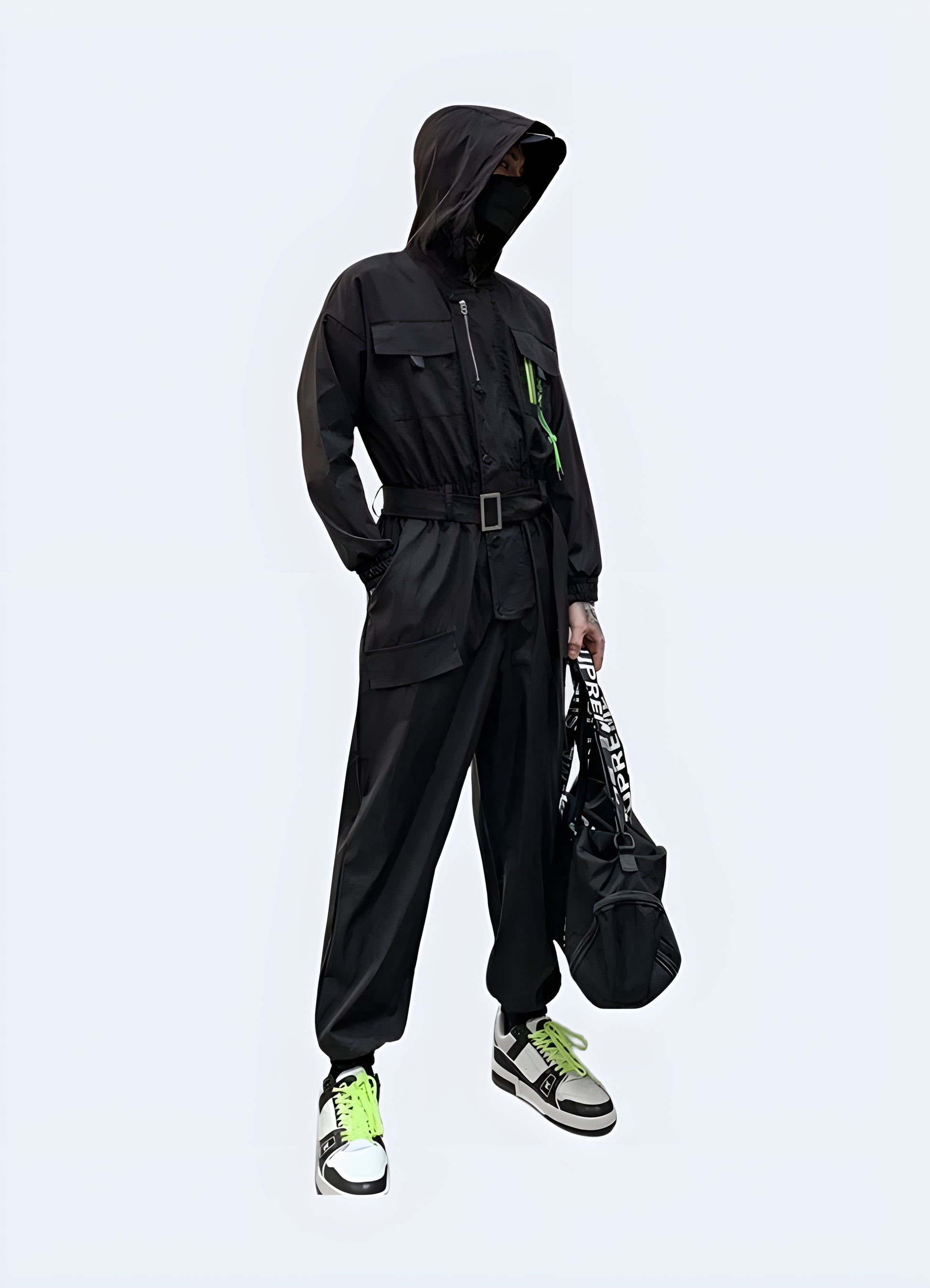 Techwear jumpsuit features multiple chest, thigh, and buttock cargo pockets.