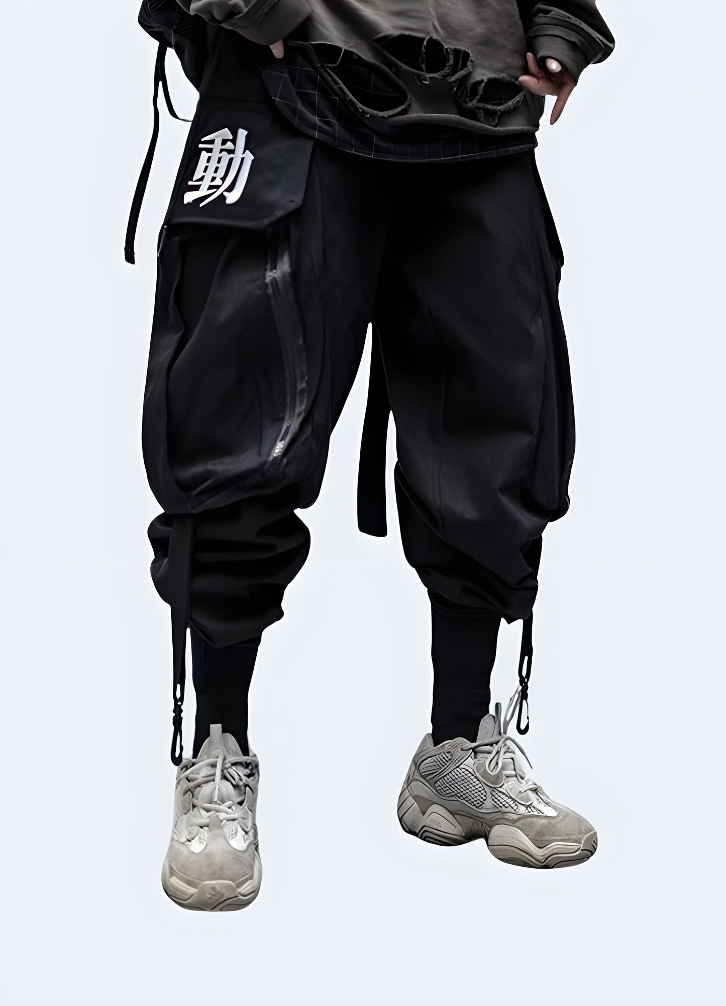 Men wearing techwear black pant front view.