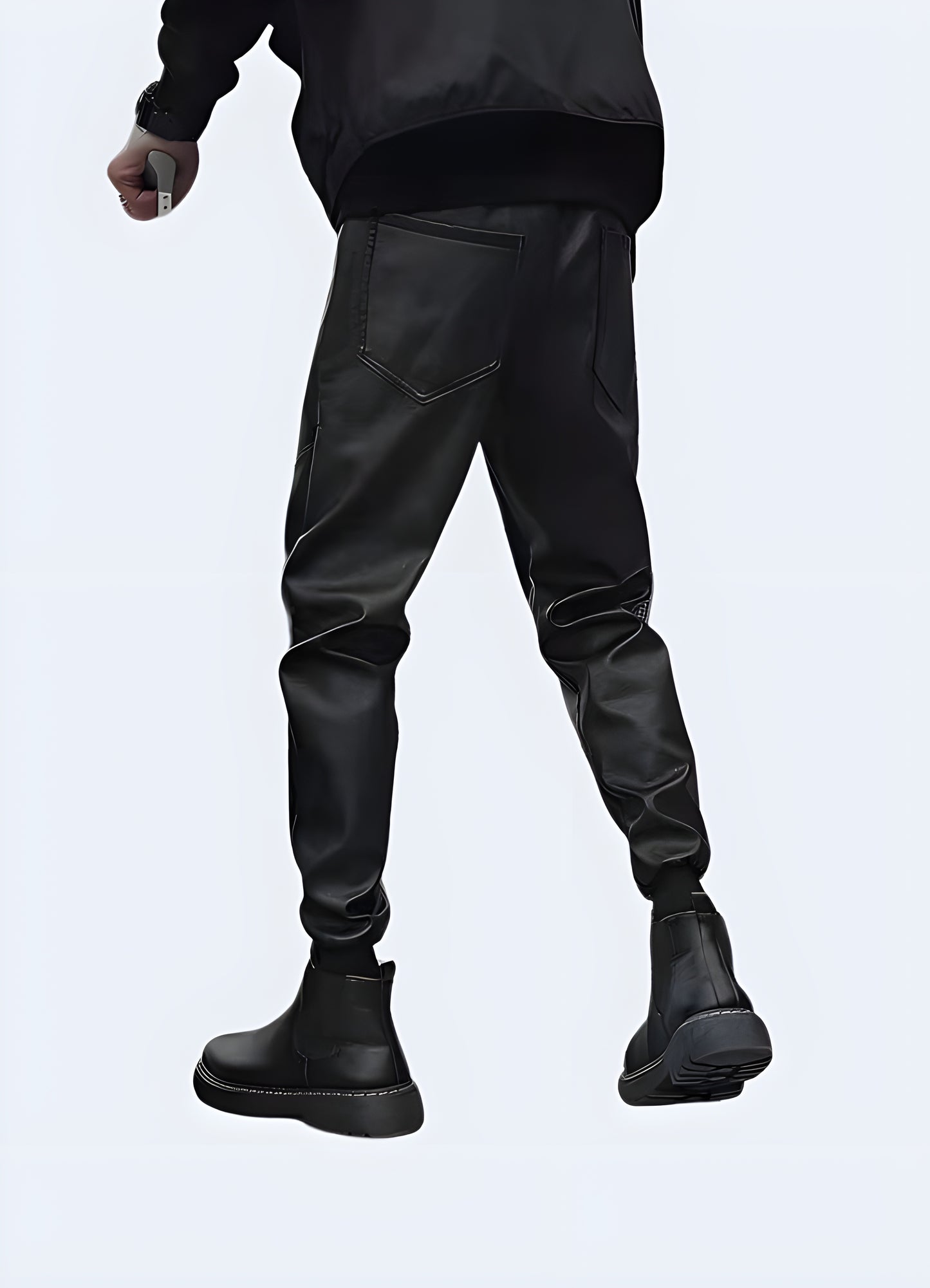 Men wearing black techwear pant back side view.