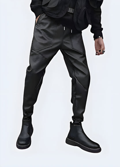 Men wearing black techwear pant front view.