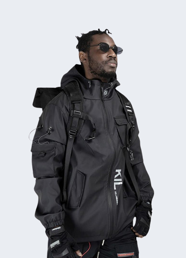 men wearing techwear windbreaker black front side view.