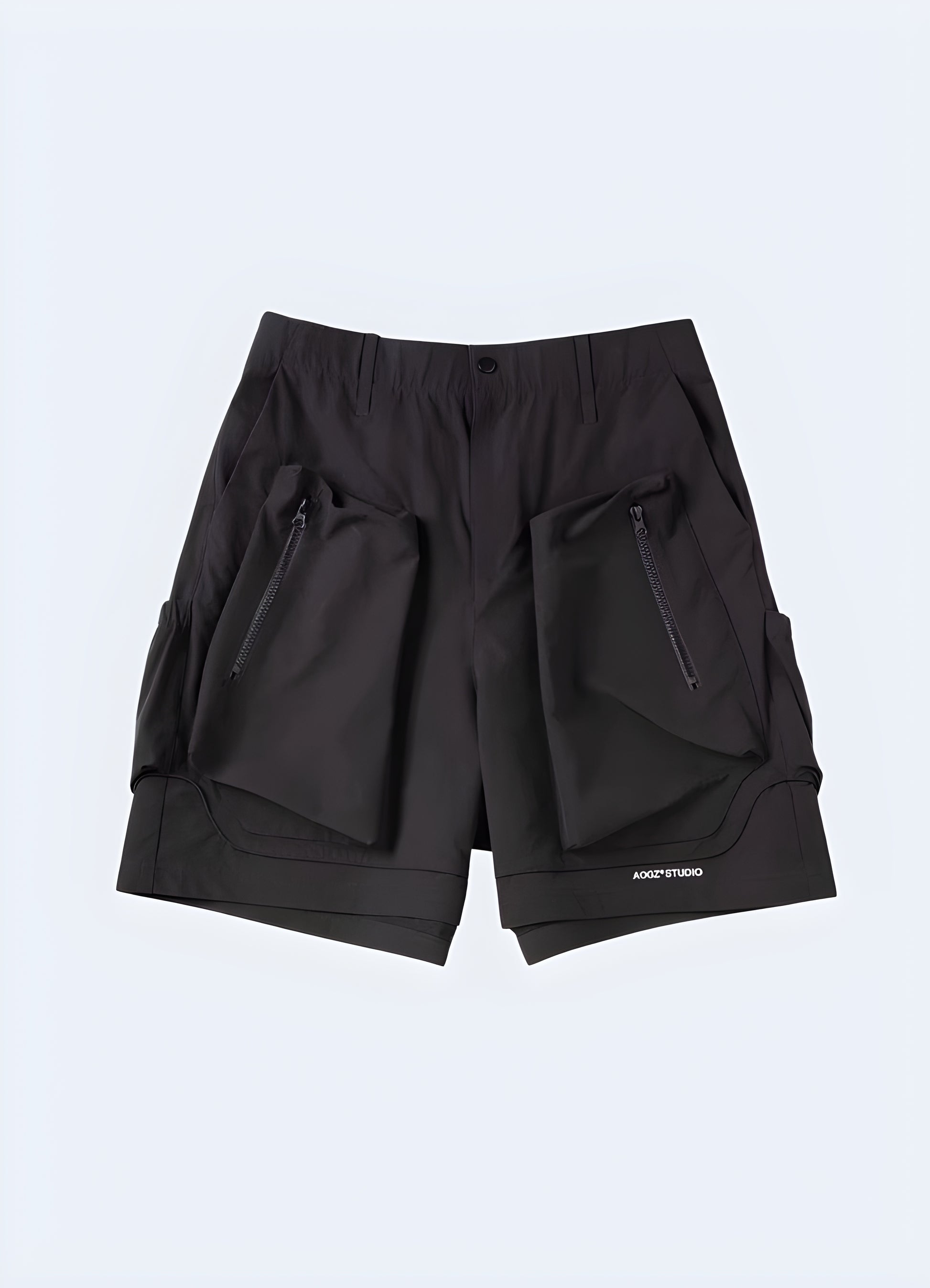 Men’s reflective shorts front view — black techwear reflective shorts for streetwear and night visibility fashion.