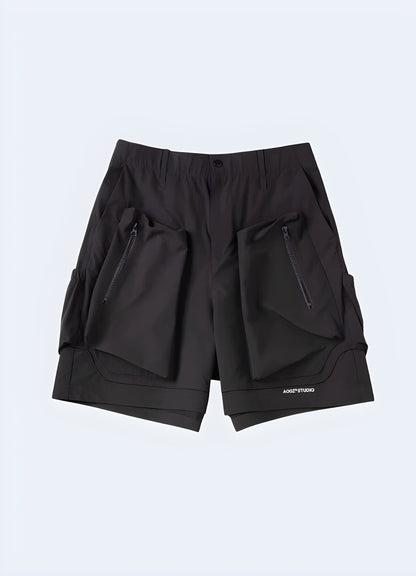 Men’s reflective shorts front view — black techwear reflective shorts for streetwear and night visibility fashion.