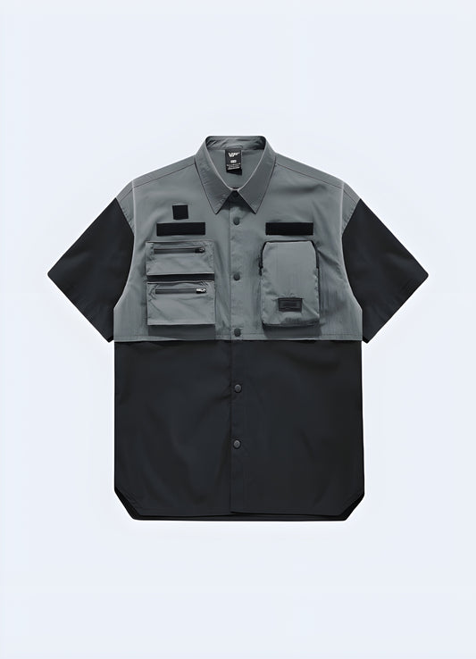 The intricate construction, elevated with an elegant collar and zipper cargo pockets on the upper chest.