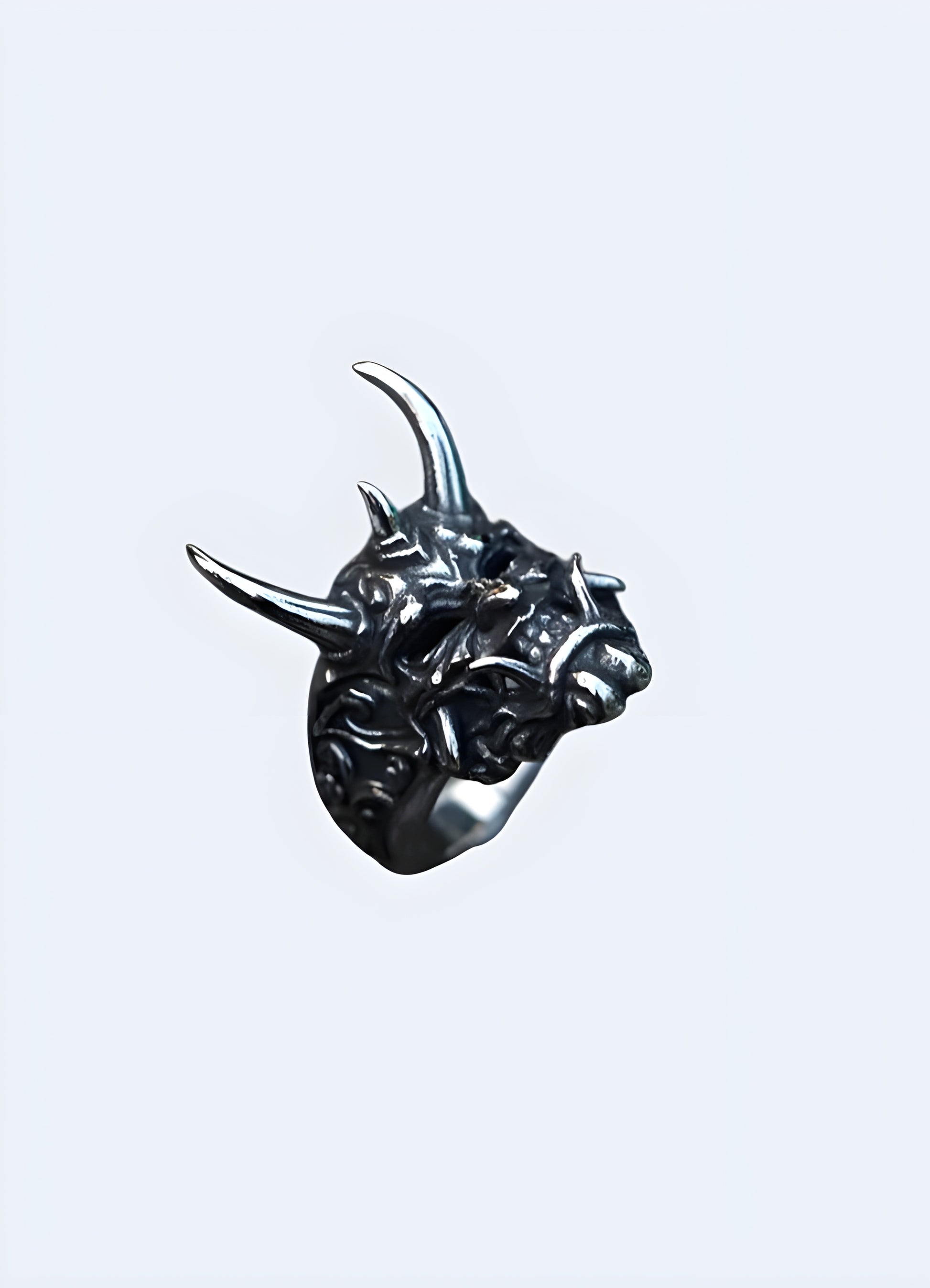 Statement piece oni ring crafted in antiqued silver, capturing the essence of gothic style.