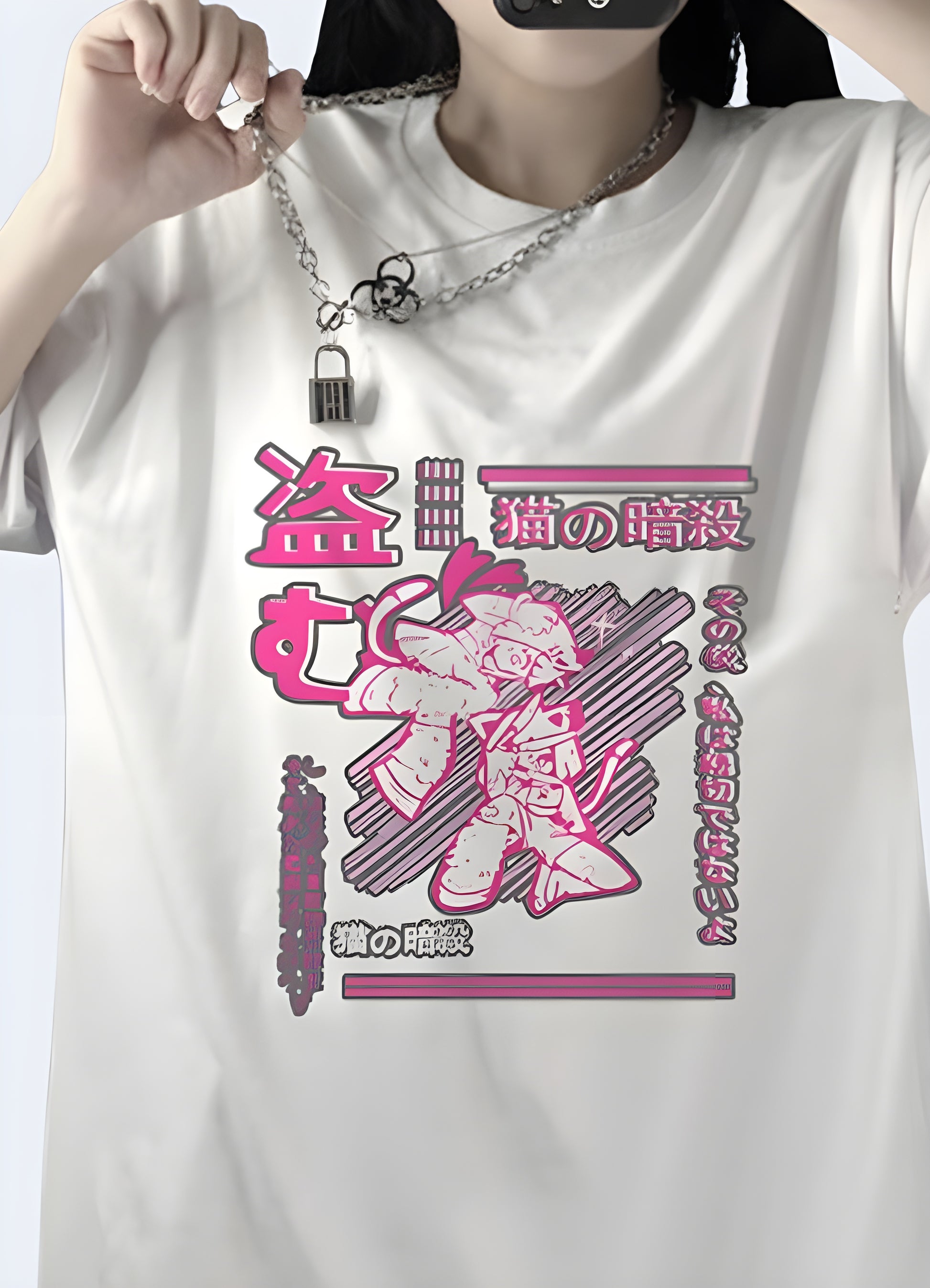 O-Neck collar style pink anime t-shirt white.