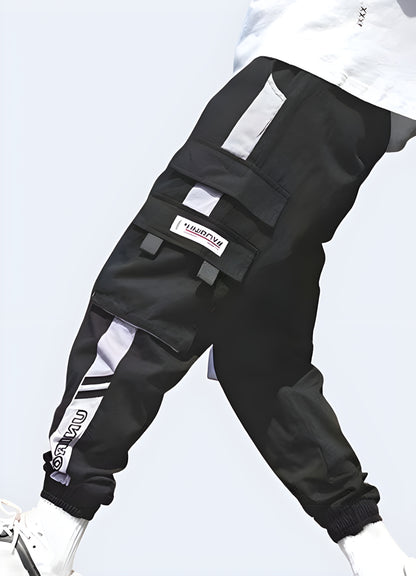 Futuristic purple techwear pants side view.