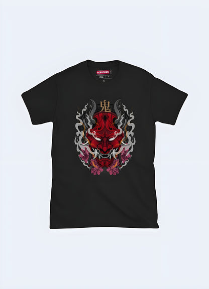 Unleash your inner demon with this fierce oni mask graphic tee.