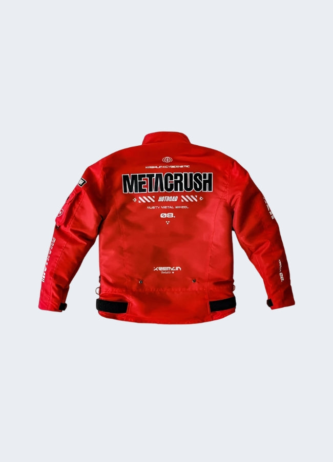 True to size fit red techwear jacket back view.