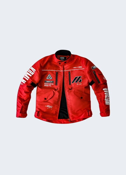 True to size fit red techwear jacket front view.