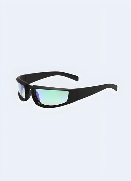 Rocker punk style green mirrored lenses.