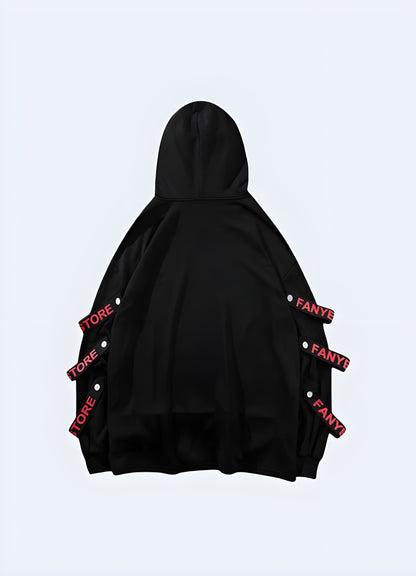 This black hoodie transcends gender norms with its sleek design and boxy loose fit.