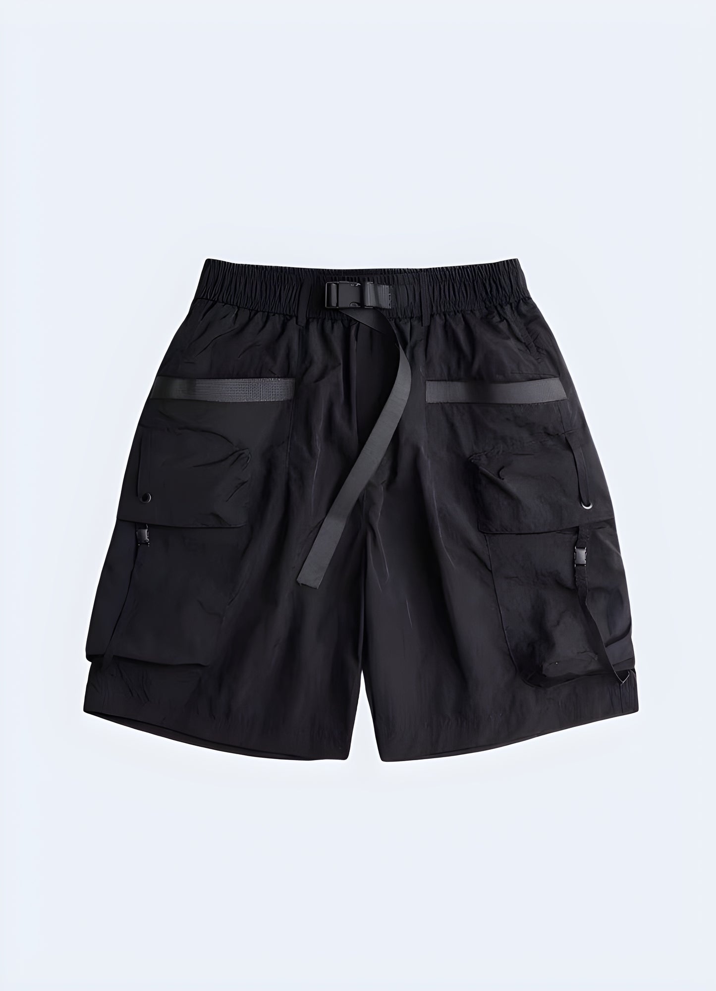 Samurai shorts in black, front view, worn by a model, showcasing the unique blend of traditional Japanese aesthetics and modern techwear style in the AU.