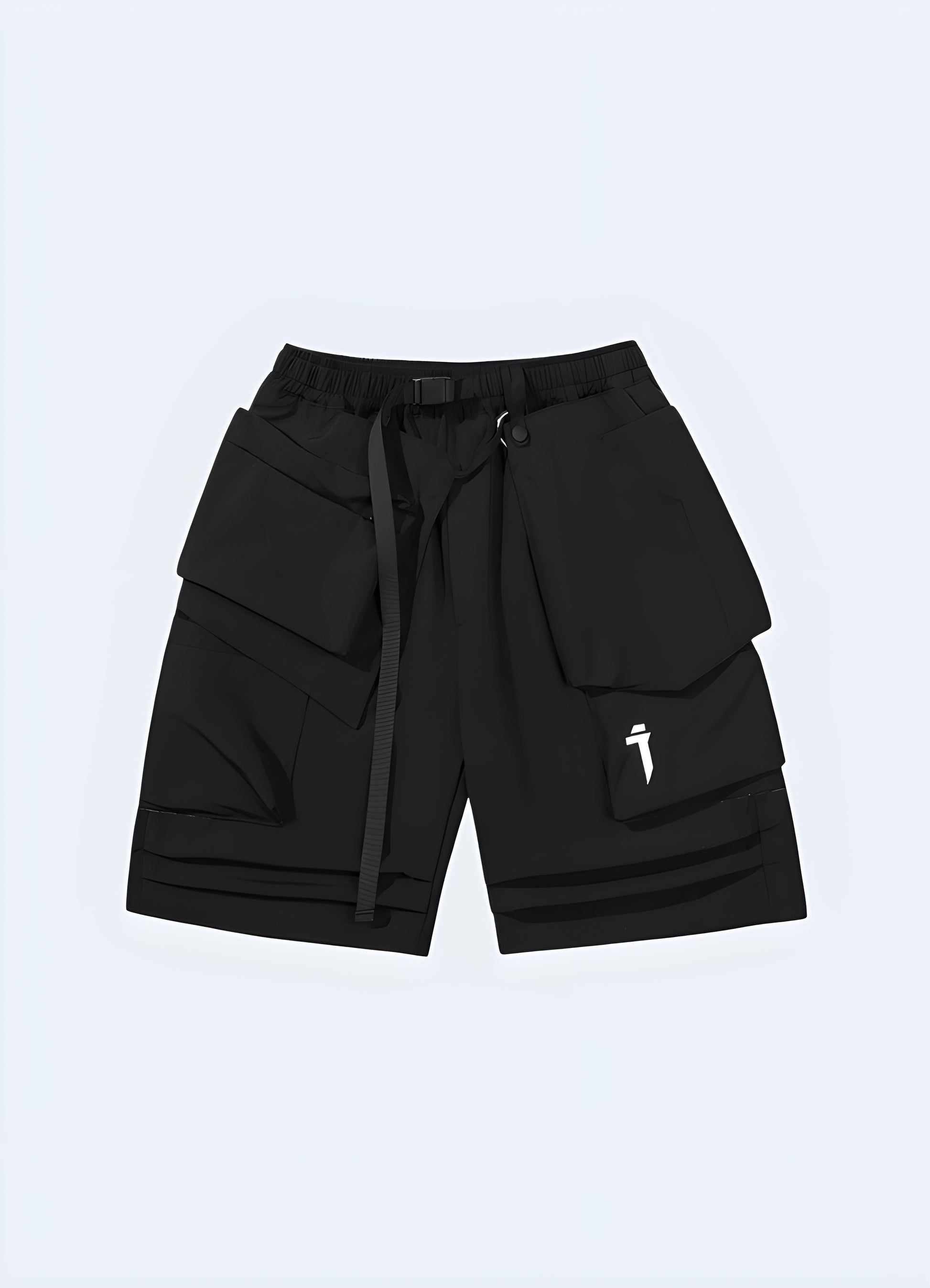 Samurai shorts in black, front view, worn by a model, showcasing the unique blend of traditional Japanese aesthetics and modern techwear style in the AU.