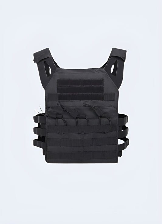 Black scarlxrd military vest strapped streetwear front side view.