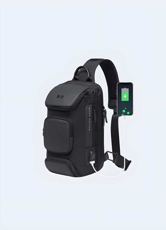 Front view of a black sci-fi bag featuring futuristic design elements and high-tech materials.