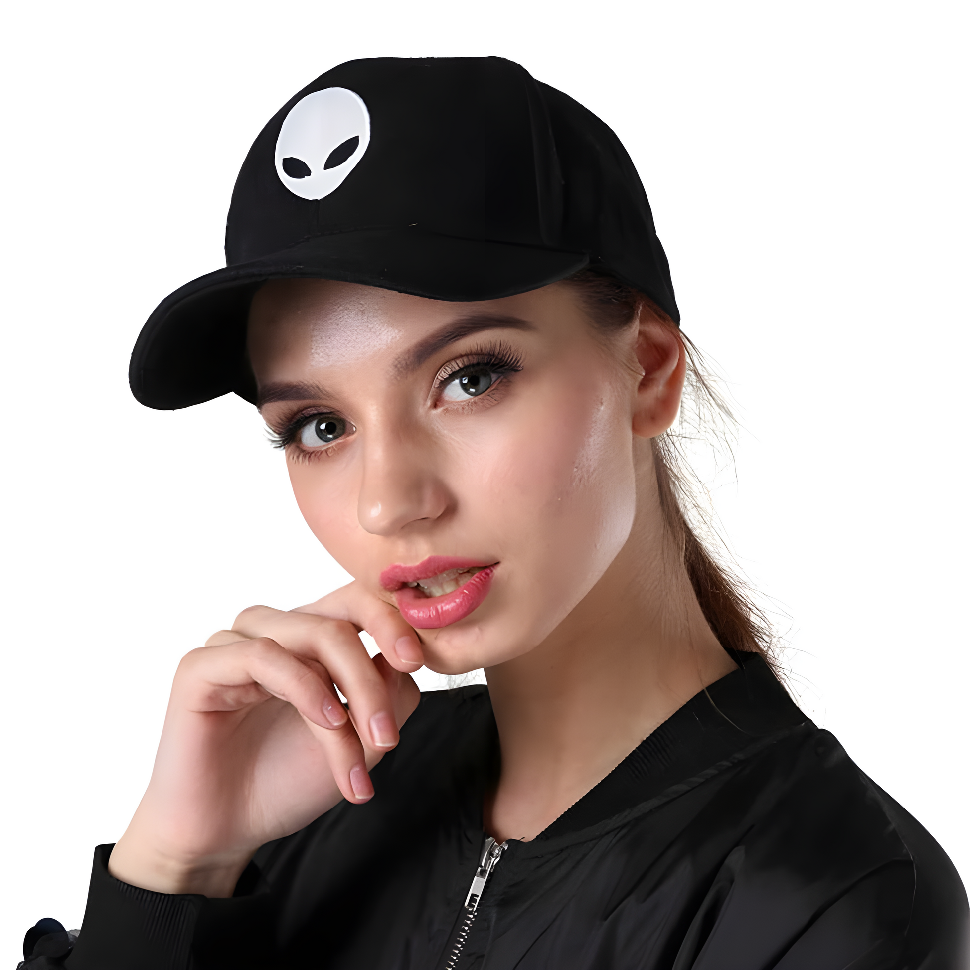 A model wearing a black snapback cap with an alien-themed design, shown from the front to emphasize the bold graphic and how the cap fits within the model’s overall look.