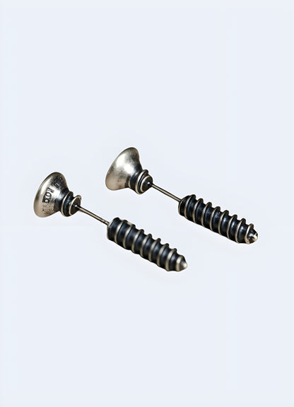 Futuristic techwear style screw earrings.