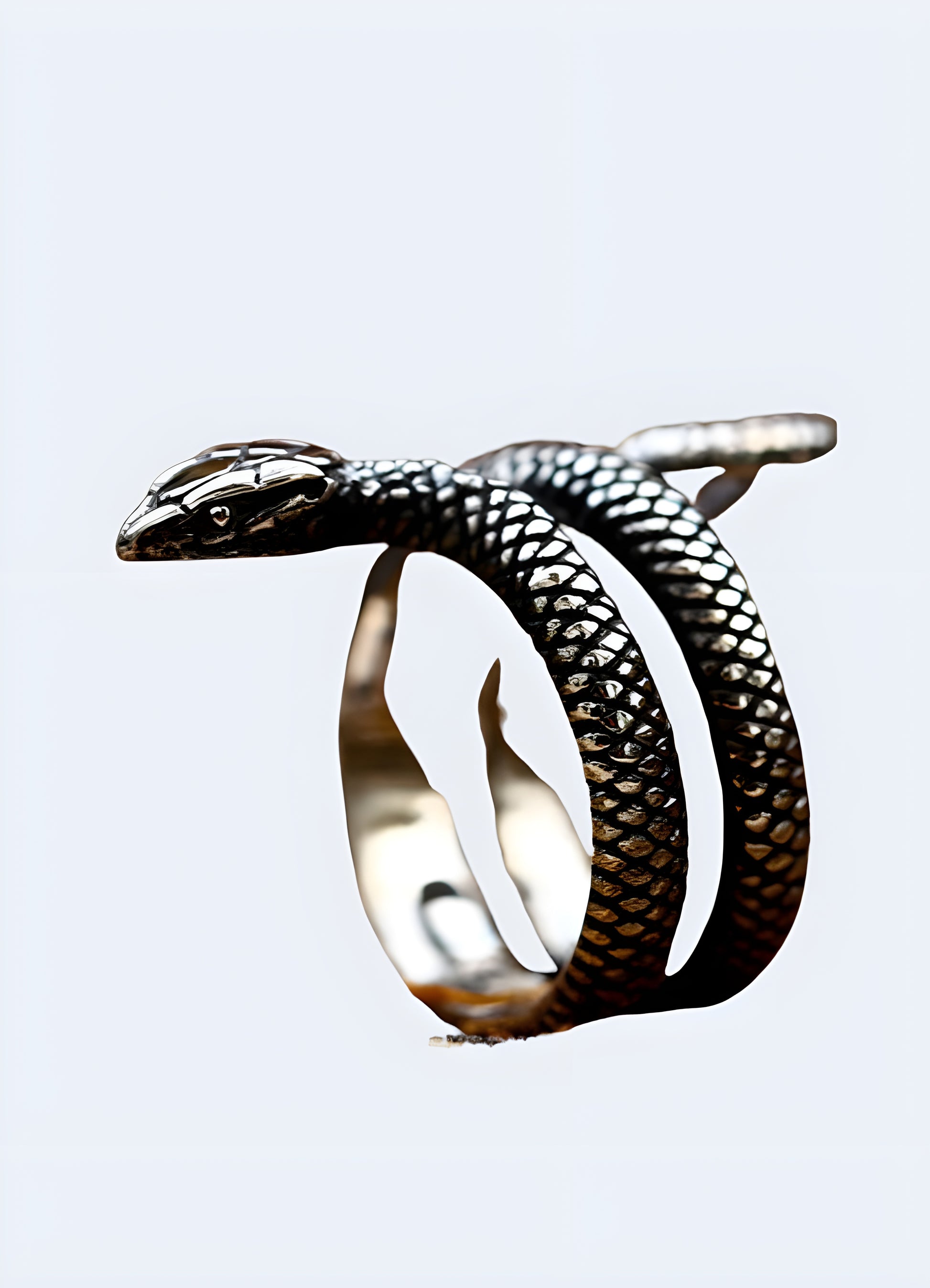 This brushed silver snake ring, shaped as a coiled serpent, adds a touch of mystery and intrigue.