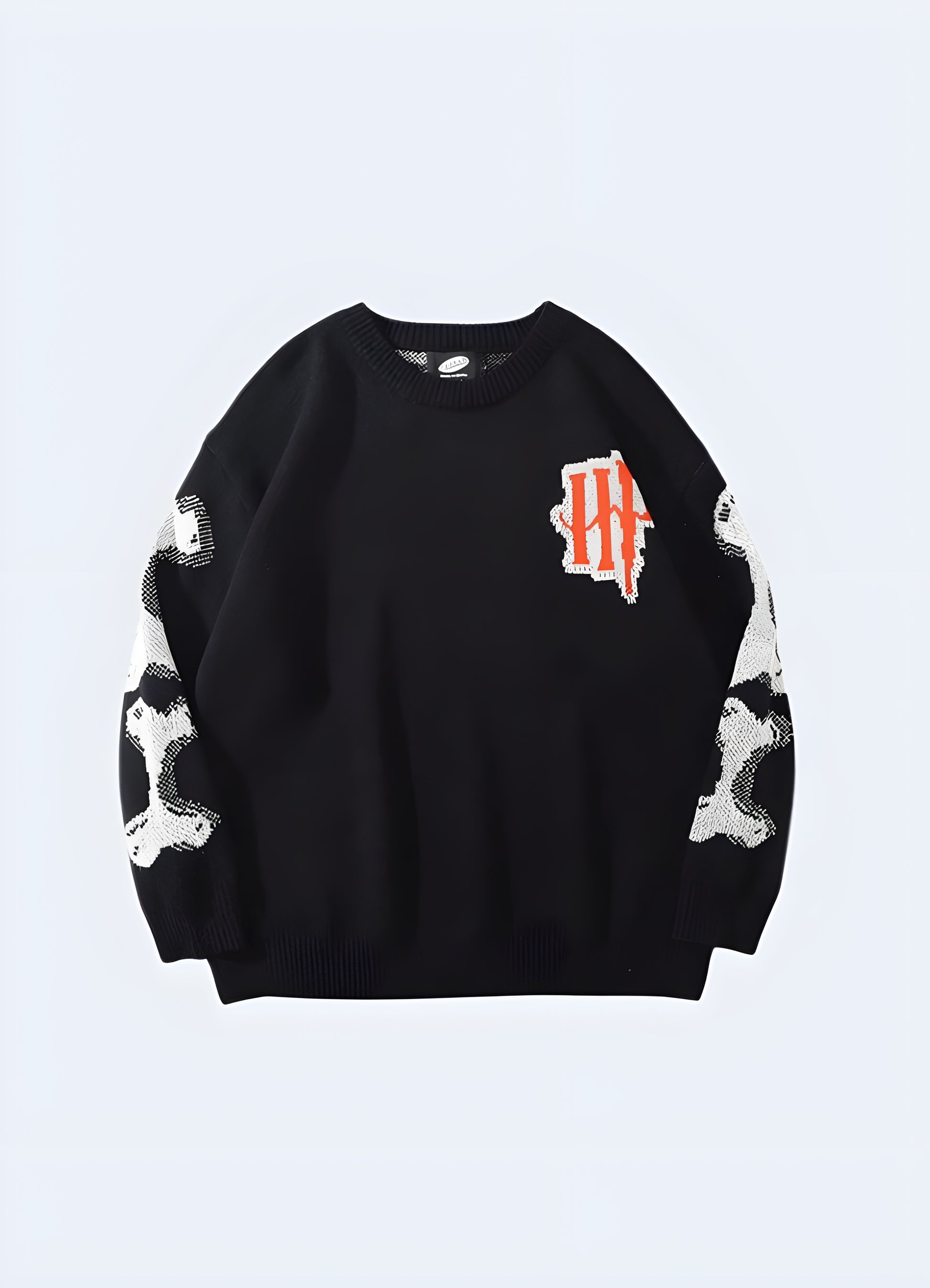 O-Neck collar style skeleton sweater black front view.