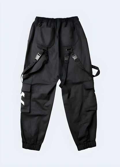 Black cargo pants with reflective accents, disappearing into a neon-lit urban jungle. 