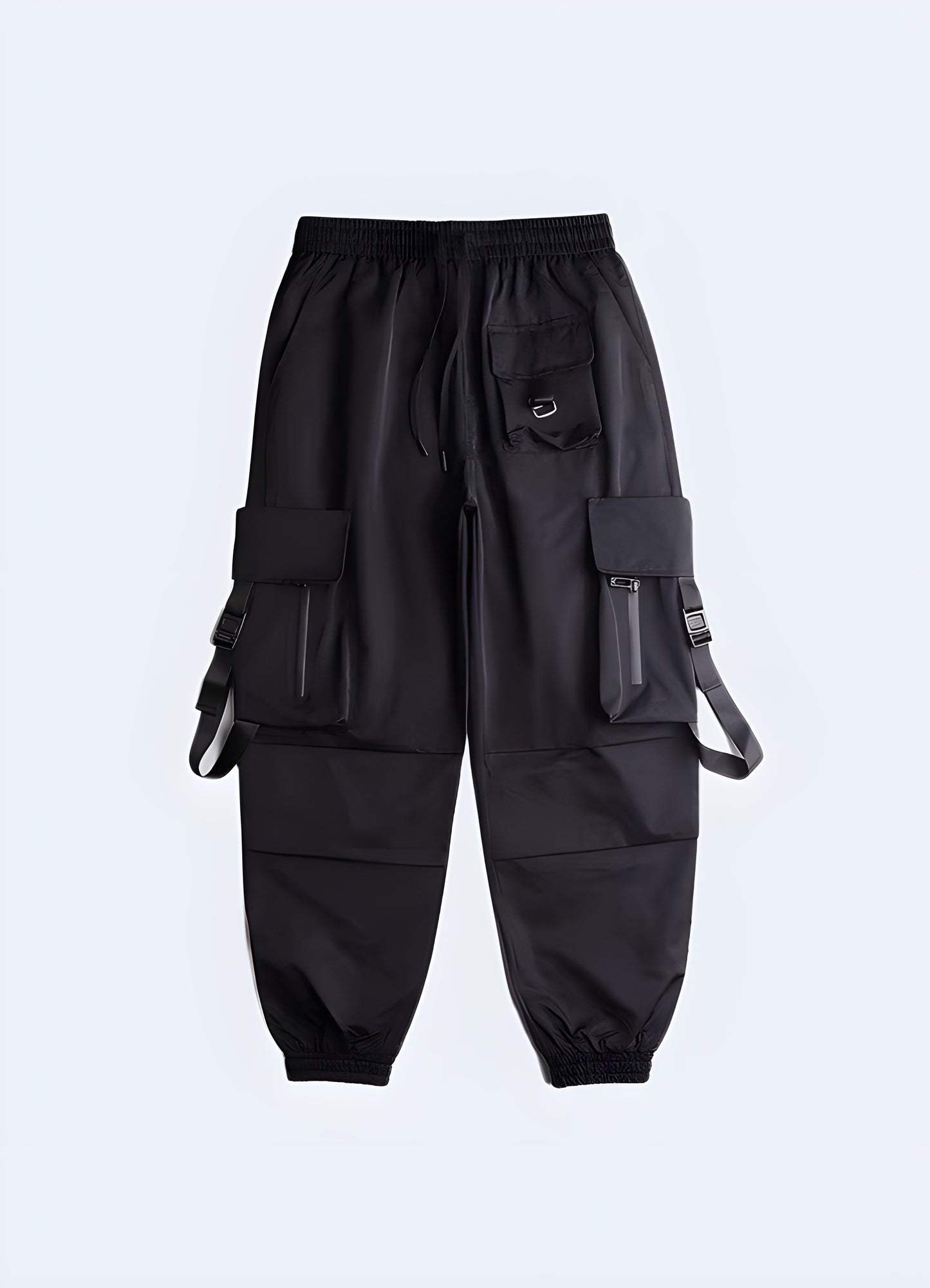 Black Japanese techwear cargo pants with functional pockets and technical design, front view, suitable for AU streetwear.