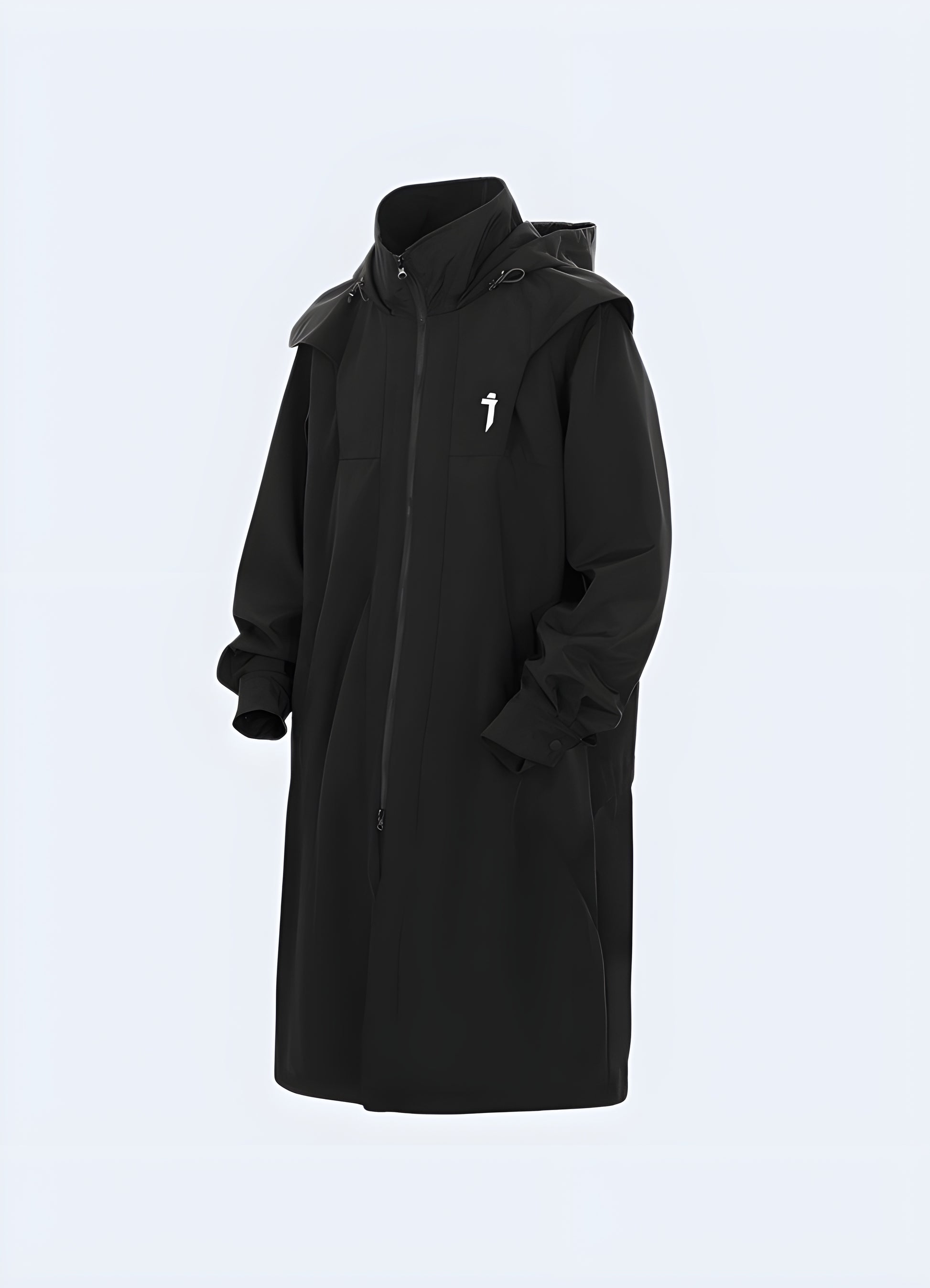 Admire the sleek and sophisticated silhouette of this streetwear trench coat.