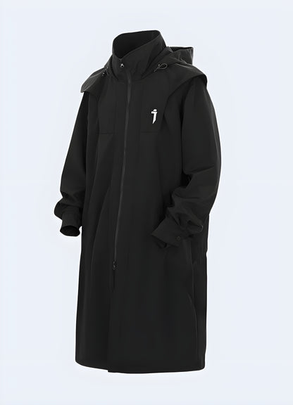 Admire the sleek and sophisticated silhouette of this streetwear trench coat.