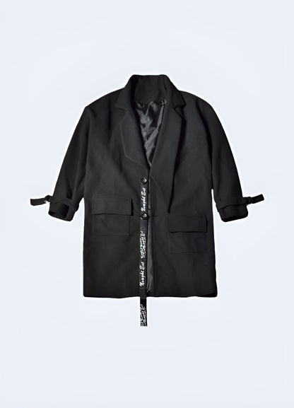 A back view of the minimalist Japanese-style trench coat, highlighting the slim tailored fit.