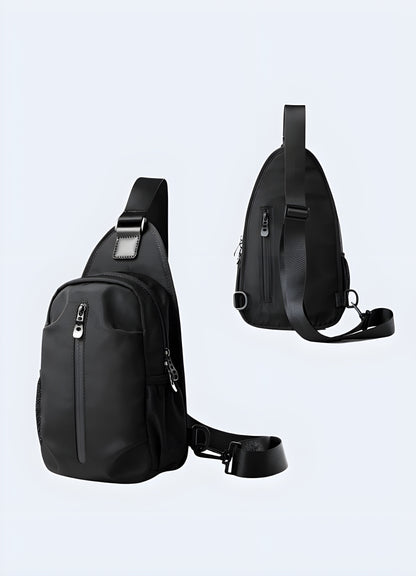 Front and Back view Padded, adjustable strap minimalist sling bag secure foldover closure.