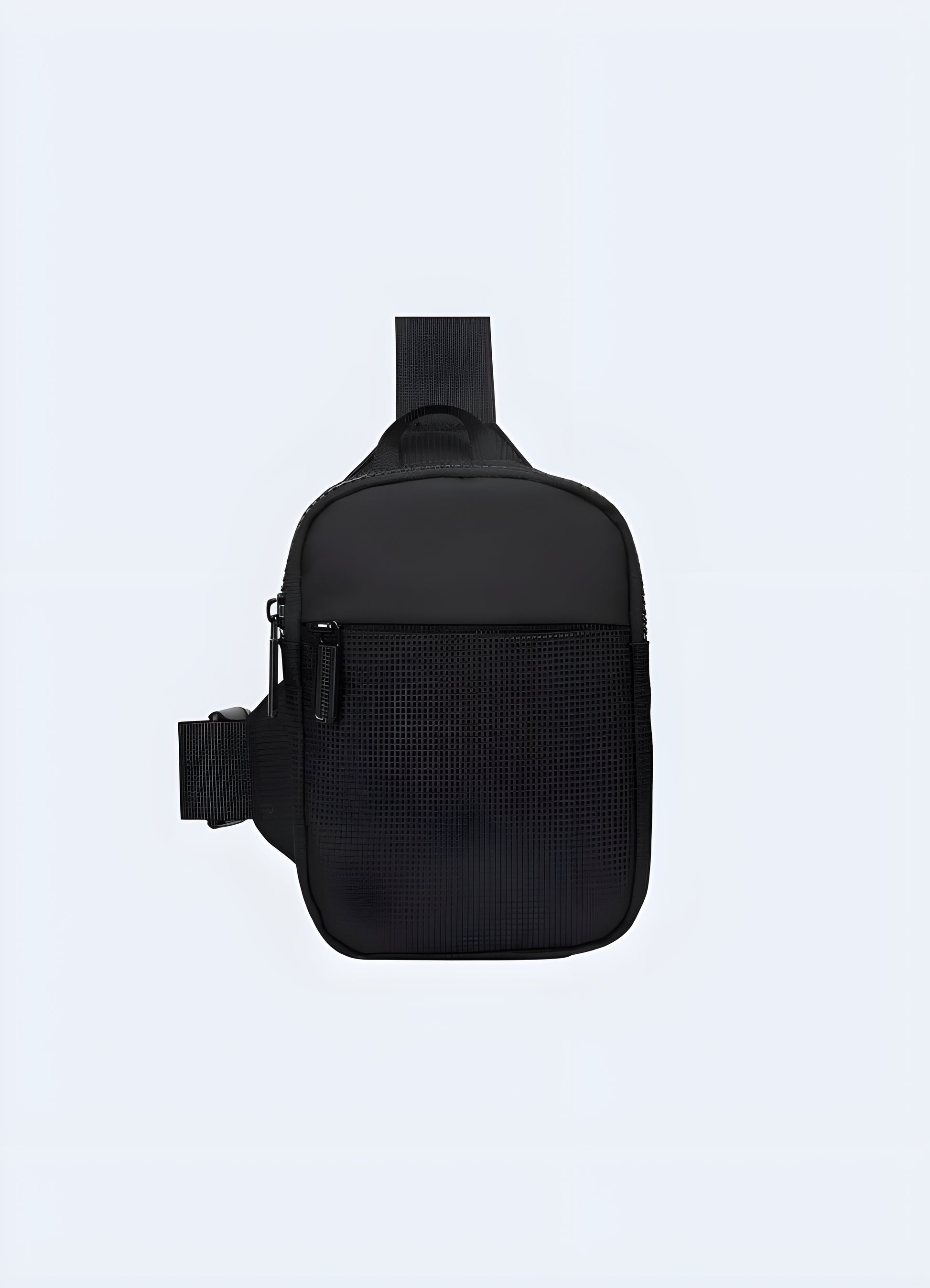 Front view of a small chest bag, showcasing its compact and functional design.