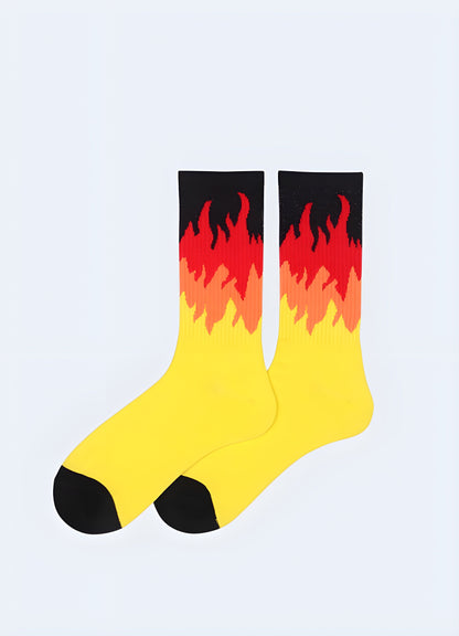 Turn up the heat in fiery socks bold flame insignia design.