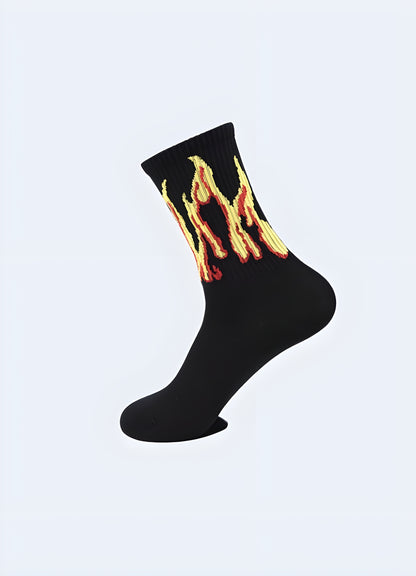 Turn up the heat in fiery socks bold flame insignia design.