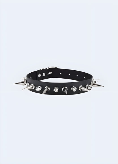 Tthis black leather collar has plenty of spikes and an adjustable buckle.