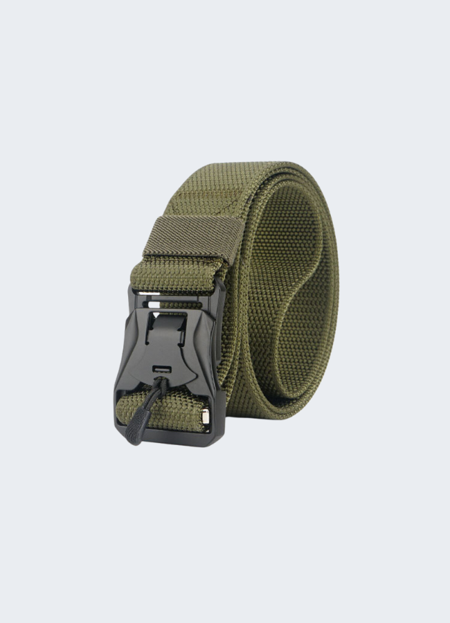 Green belt with a black buckle on a light gray background