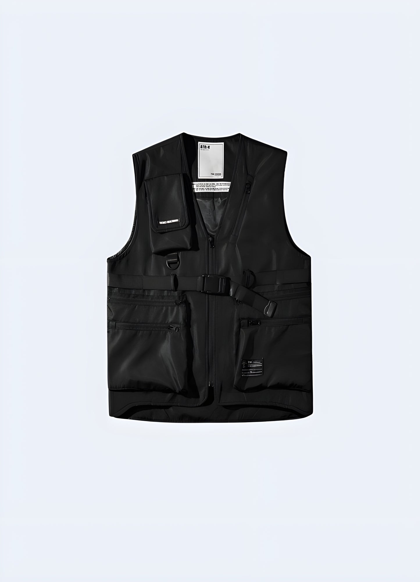 Black streetwear tactical vest front view.