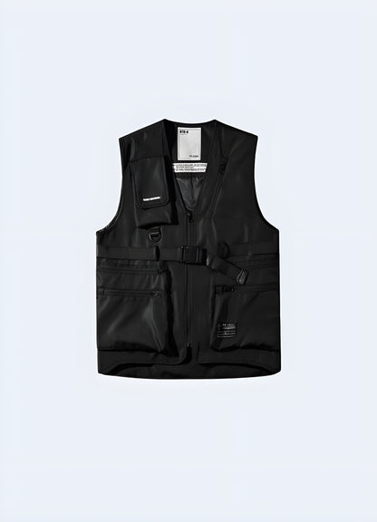 Black streetwear tactical vest front view.