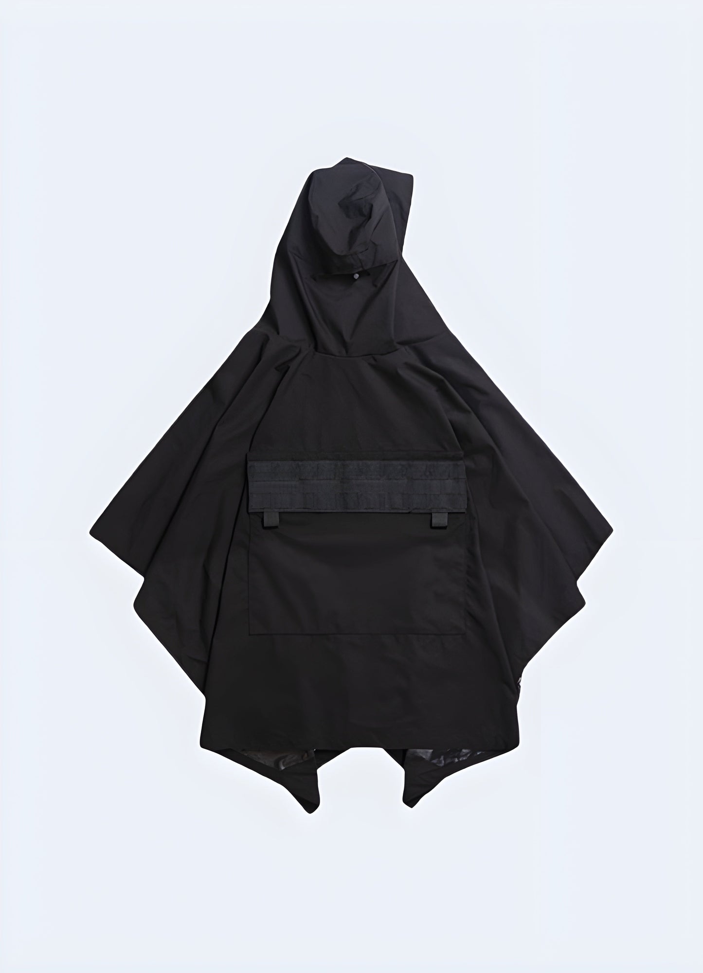 Technical black tactical cloak with utility pockets.