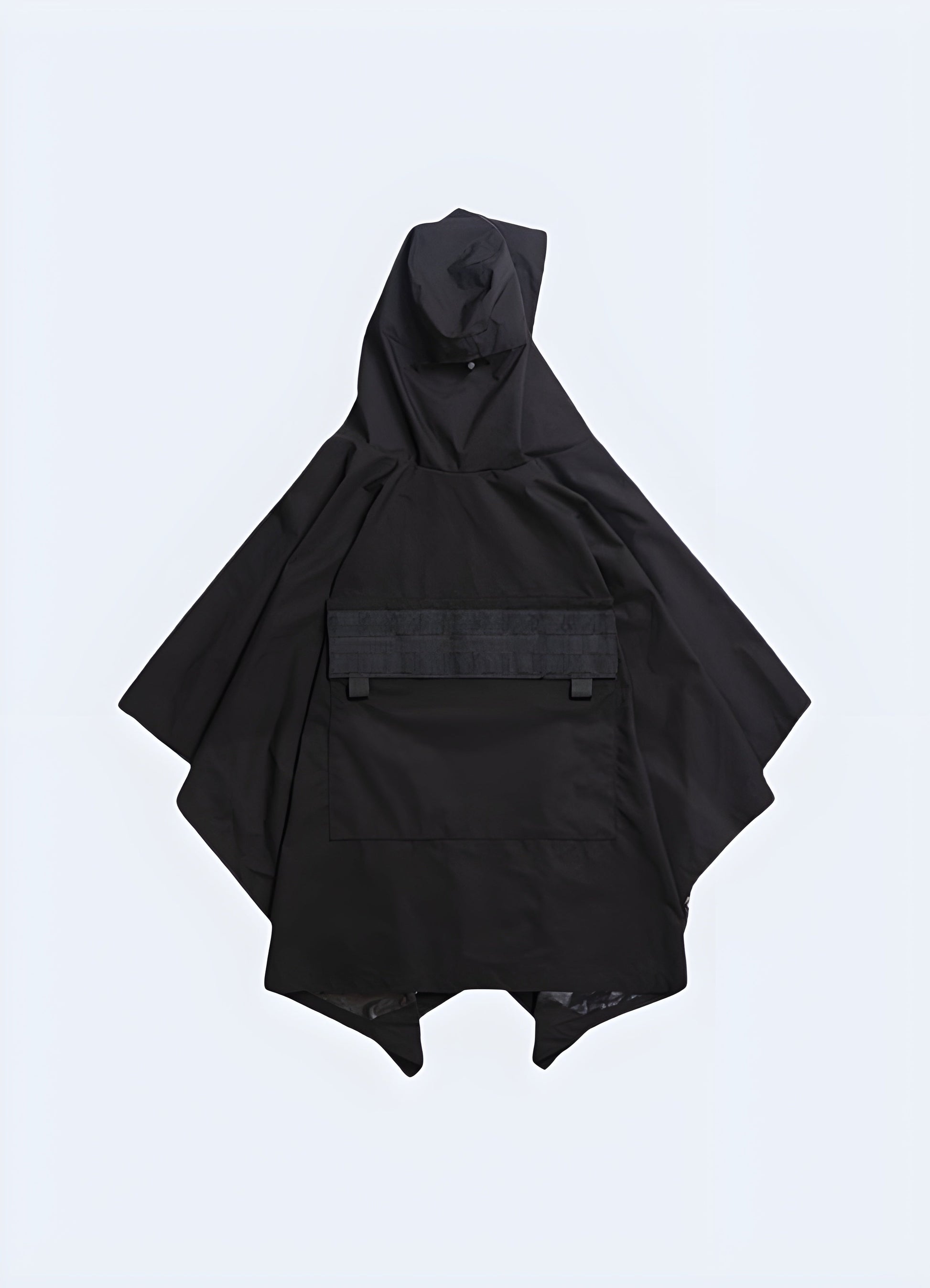 Technical black tactical cloak with utility pockets.