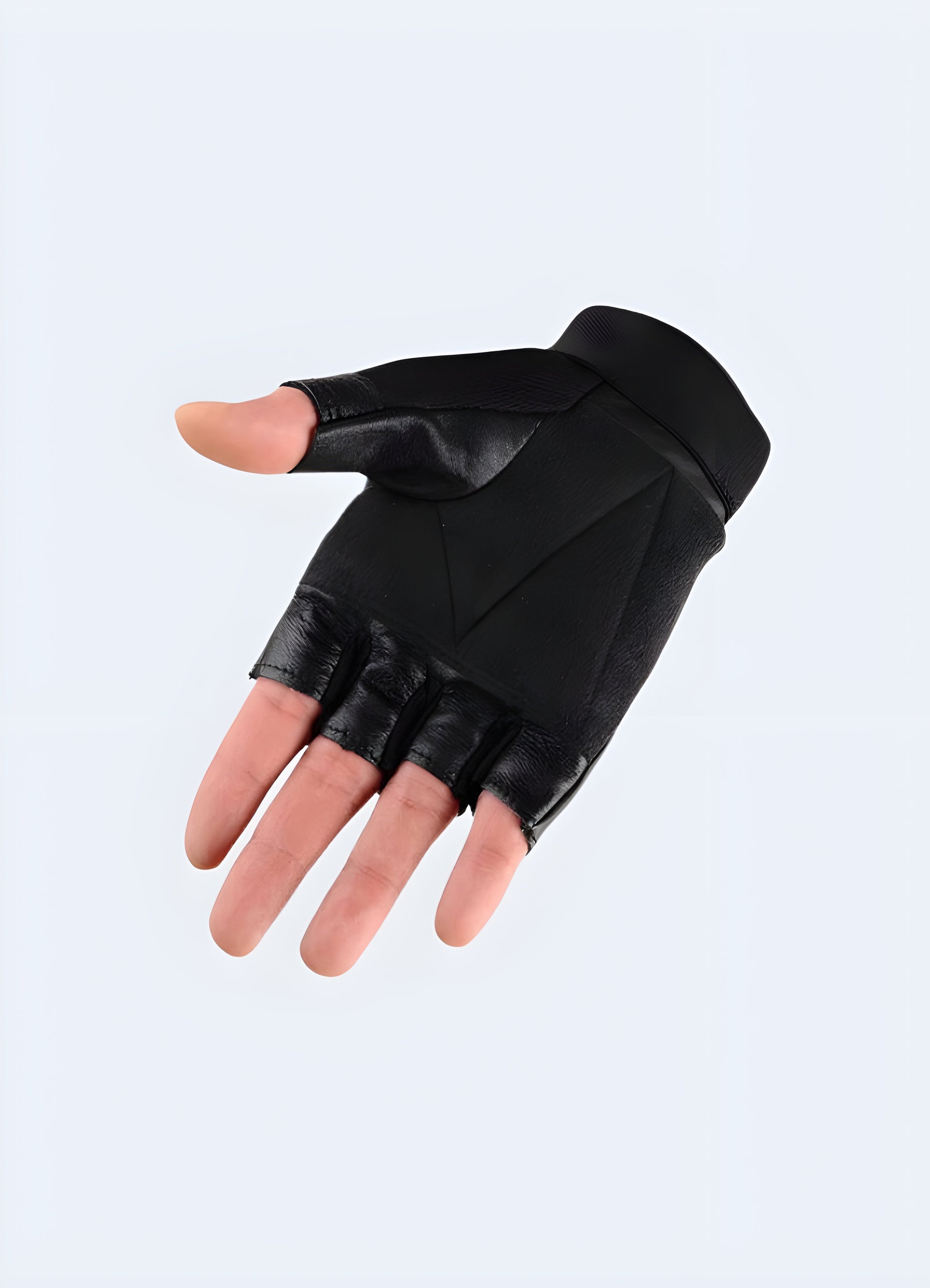 Tactical fingerless leather gloves black back view.