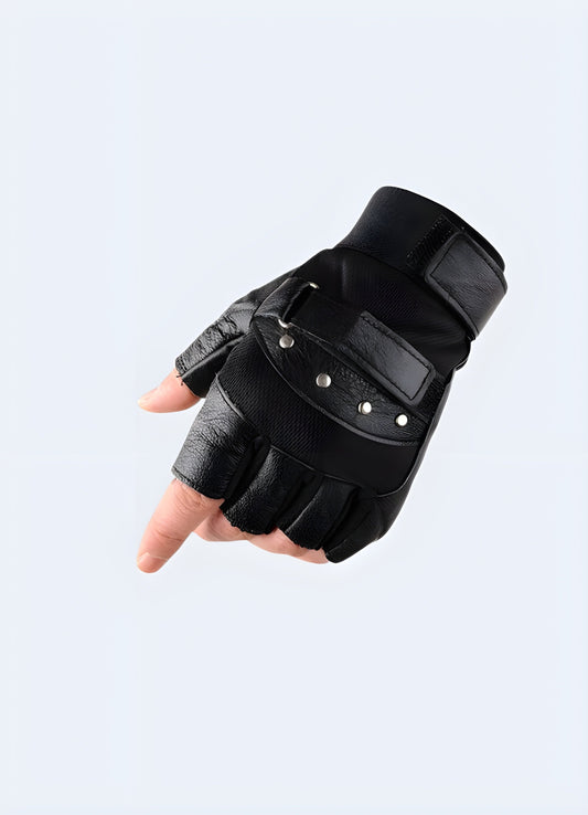 Tactical fingerless leather gloves black front view.