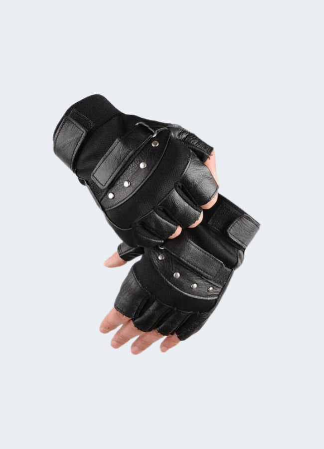 Tactical fingerless leather gloves black model front view.