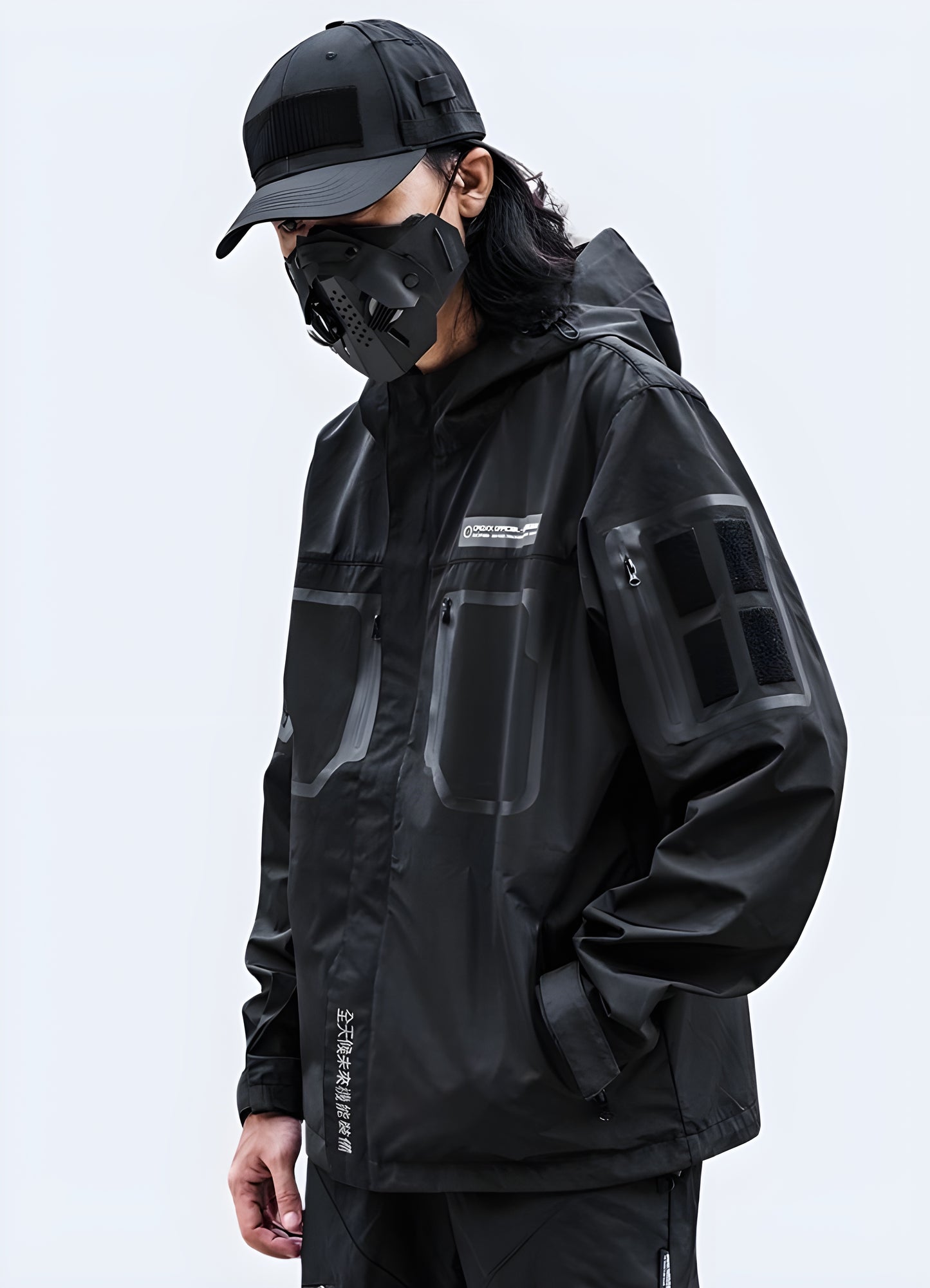 Men wearing tactical jacket black left side view.