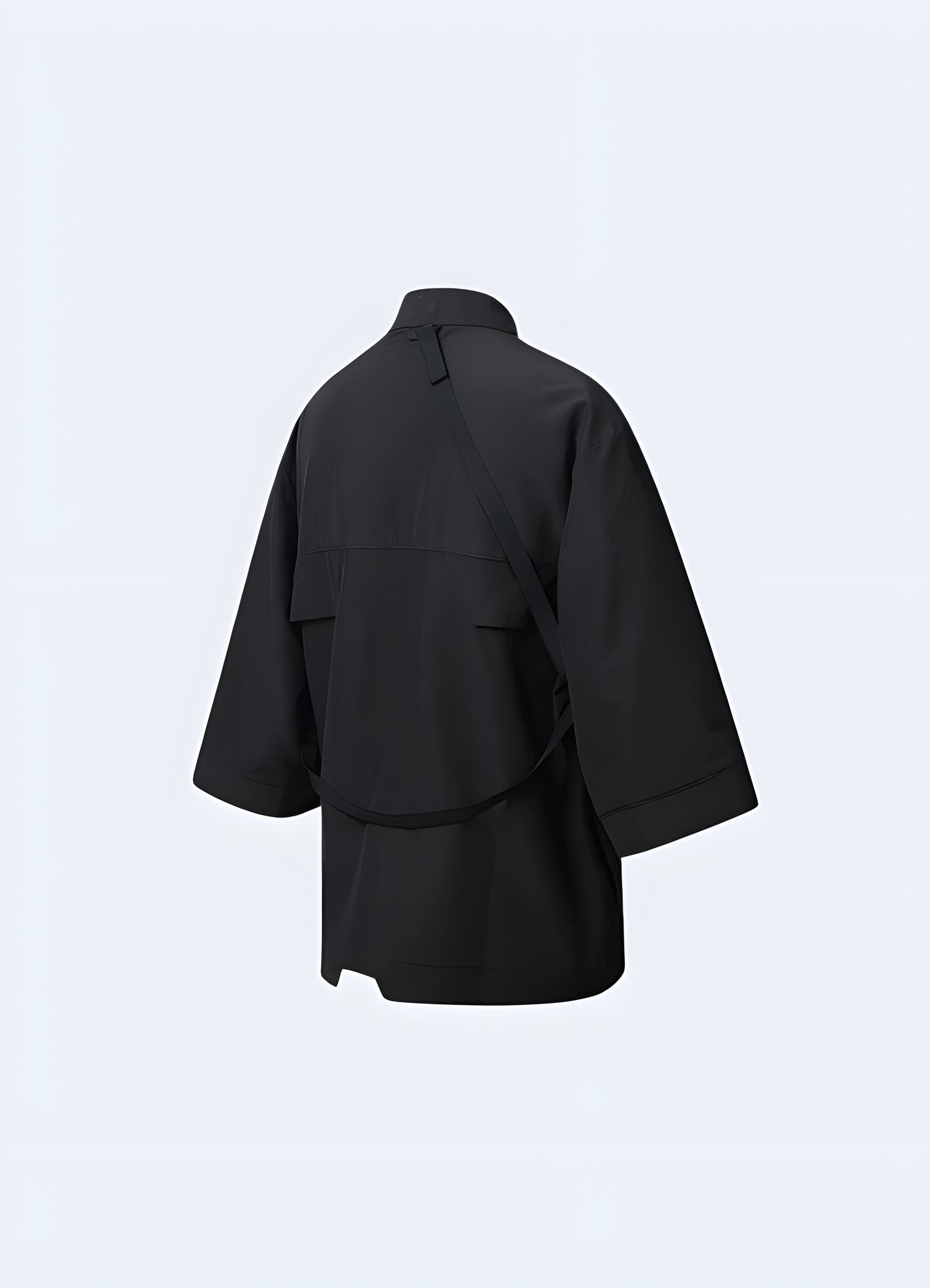 Tactical kimono coat with utility pockets.